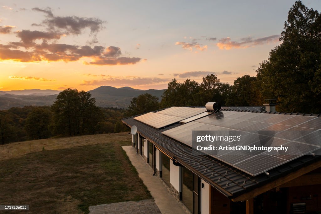 Aerial view of solar powered house.