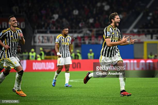 Manuel Locatelli of Juventus FC celebrates after scoring a goal during the Italian Serie A football match AC Milan vs Juventus at San Siro Stadium in...