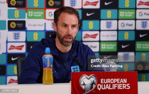 England Manager Gareth Southgate speaks during a press conference at Tottenham Hotspur Training Centre on October 16, 2023 in Enfield, England.