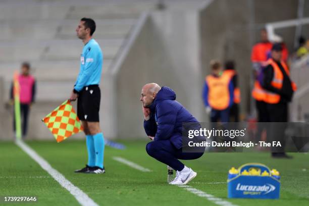 Lee Carsley, Manager of England, looks on during the Ukraine U-21 v England U-21 UEFA Under-21 EURO 2025 Qualifier match on October 16, 2023 in...