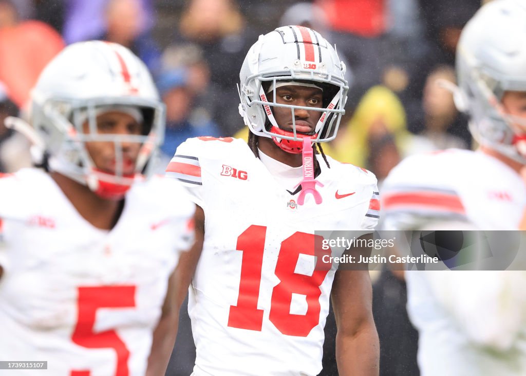Harrison Purdue Marvin Harrison Jr. #18 of the Ohio State Buckeyes looks to the... News ...