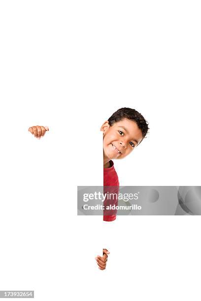 cheerful kid with a white paper - kid peeking stock pictures, royalty-free photos & images