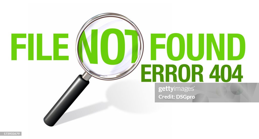 Green 404 error message with magnifying glass 
