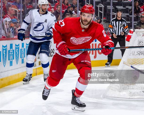 Michael Rasmussen of the Detroit Red Wings follows the play in the third period of the home opener against the Tampa Bay Lightning at Little Caesars...