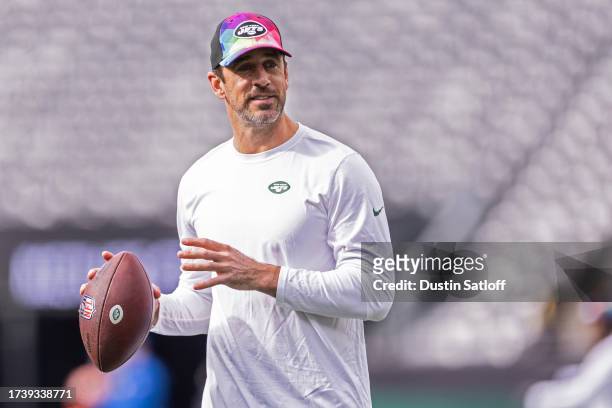 Aaron Rodgers of the New York Jets looks on prior to the game against the Philadelphia Eagles at MetLife Stadium on October 15, 2023 in East...