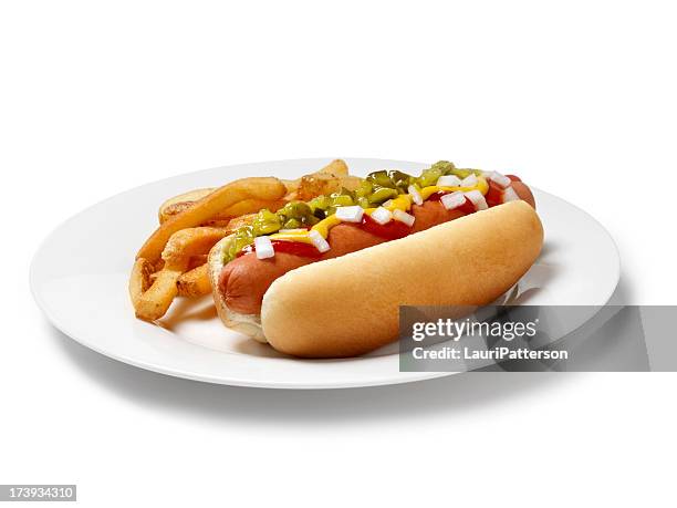 loaded hot dog with fries - relish stock pictures, royalty-free photos & images