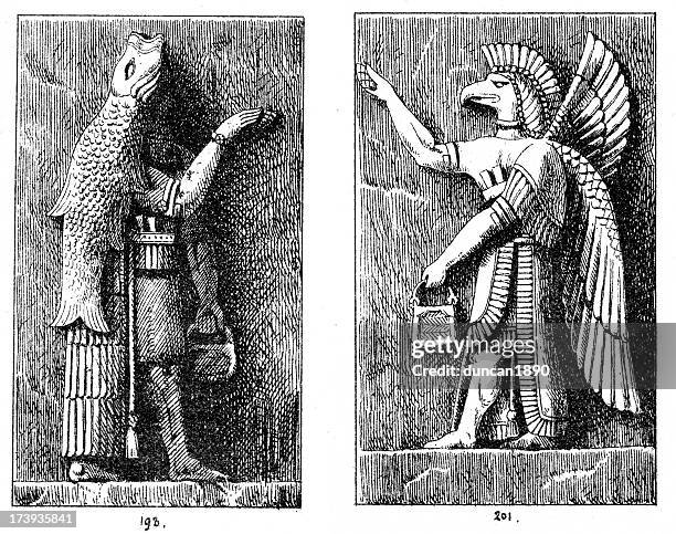 dagon and nisroch assyrian sculptures - paganism stock illustrations