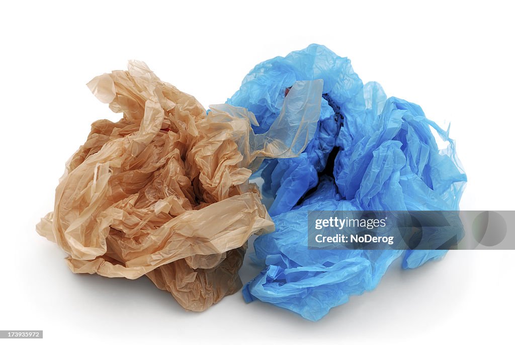 Blue and brown plastic grocery bags