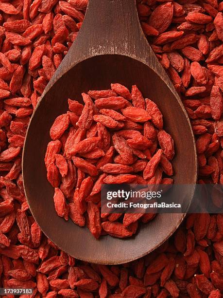 top-view wooden spoon holding dried wolfberries - goji berry stock pictures, royalty-free photos & images