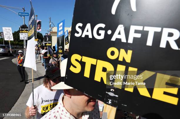 Striking SAG-AFTRA members and supporters picket outside Paramount Studios on day 95 of their strike against the Hollywood studios on October 16,...