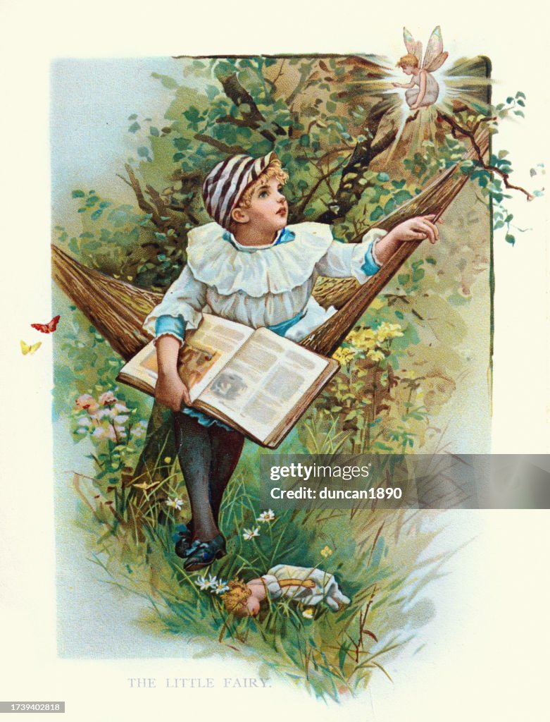 Child holding a book and seeing a fairy, Victorian children's book illustration, 19th Century