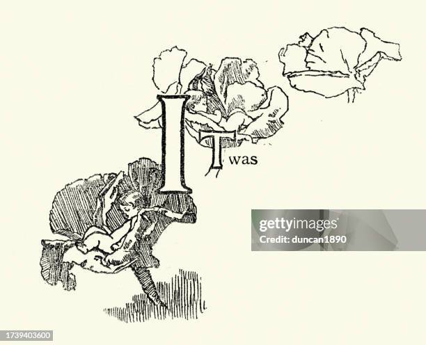 fairies sleeping in flower, capital letter i, it was, victorian children's book illustration, 19th century - fairytale alphabet stock illustrations