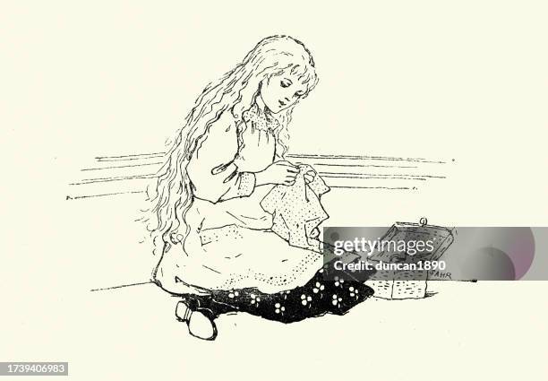 kleines mädchen mit ihrer nähkiste übt handstickerei, viktorianische kinderbuchillustration, 19. jahrhundert - mädchen sticken stock-grafiken, -clipart, -cartoons und -symbole