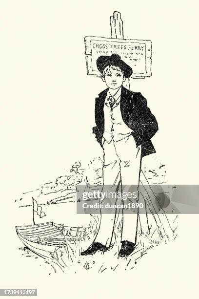 vintage illustration young boy standing by a rowing boat, victorian children's book illustration, 19th century - teenagers only stock illustrations