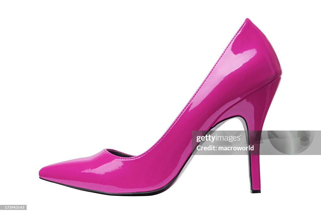 Pink, patent, high-heeled shoe on a white background