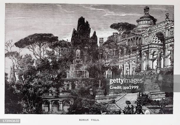 ilustraciones, imágenes clip art, dibujos animados e iconos de stock de 19 th century grabado de una villa romana - romano