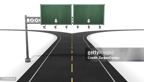 a fork in the road with blank sign with two arrows  - road intersection stock pictures, royalty-free photos & images