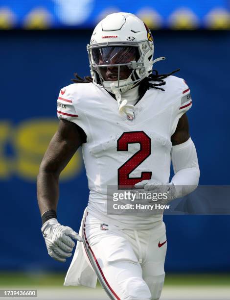 Marquise Brown of the Arizona Cardinals comes in motion during a 26-9 loss to the Los Angeles Rams at SoFi Stadium on October 15, 2023 in Inglewood,...