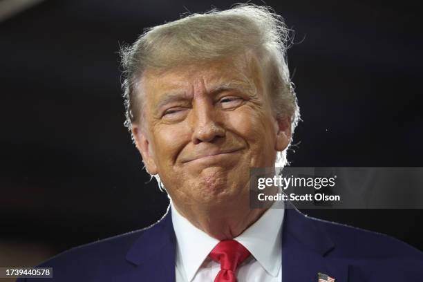 Republican presidential candidate former President Donald Trump arrives for a campaign event at the Dallas County Fairgrounds on October 16, 2023 in...