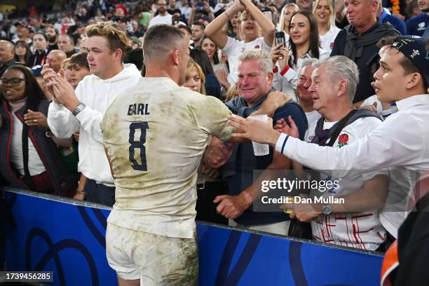 Ben Earl of England celebrates with family and friends following the Rugby World Cup France 2023 Quarter Final match between England and Fiji at...