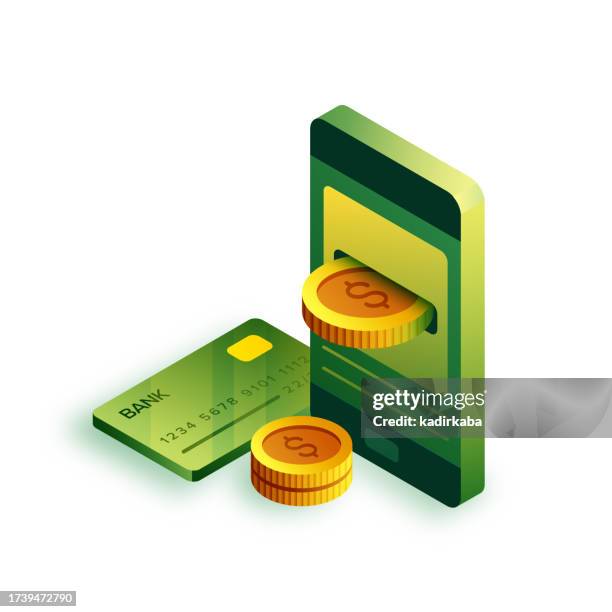 ilustraciones, imágenes clip art, dibujos animados e iconos de stock de ilustración vectorial de icono isométrico de banca en línea y diseño tridimensional. dinero digital, moneda, billetera, tarjeta de crédito, banca, signo de dólar, bolsa de dinero, riqueza, ganar dinero, pago sin contacto. - onlinebanking