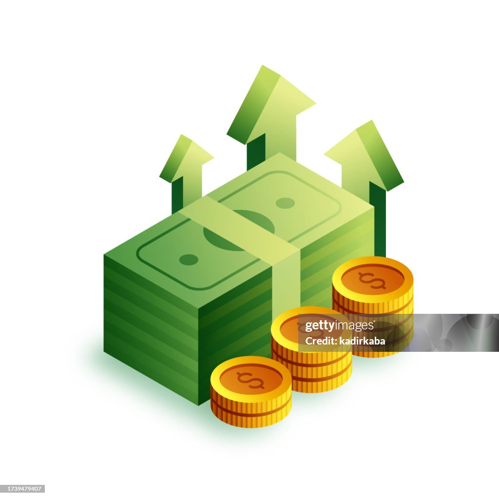 Vektorillustration des isometrischen Symbols der Investition und des dreidimensionalen Designs. Digitales Geld, Münze, Brieftasche, Kreditkarte, Bankgeschäft, Dollarzeichen, Geldbeutel, Reichtum, Geld verdienen.