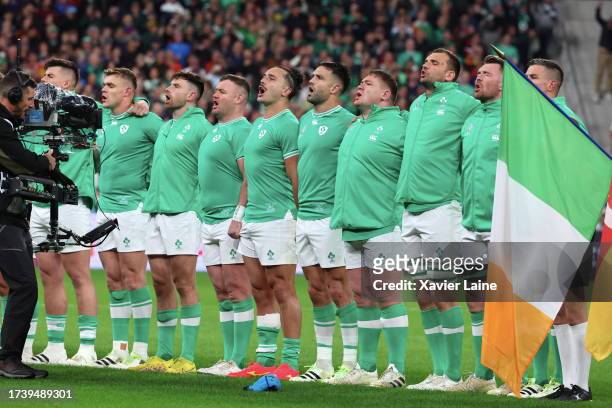 Irish players pose before the Rugby World Cup France 2023 Quarter Final match between Ireland and New Zealand at Stade de France on October 14, 2023...