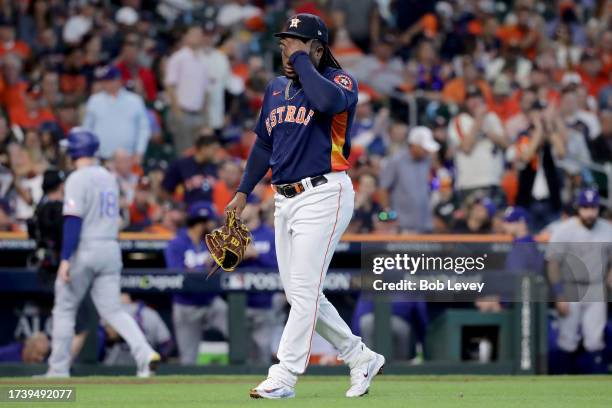 Framber Valdez of the Houston Astros walks back to the dugout against the Texas Rangers during the first inning in Game Two of the American League...