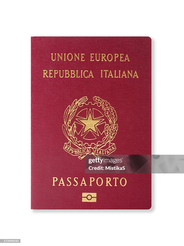Red passport of an Italian citizen on a white background
