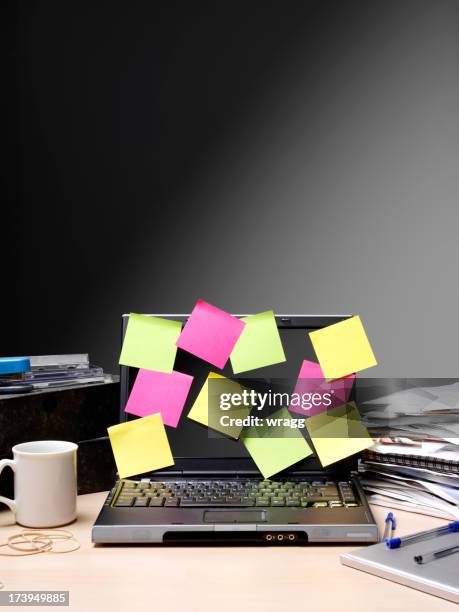 post it notes on a computer - sticky-notes-covering-computer-monitor stock pictures, royalty-free photos & images