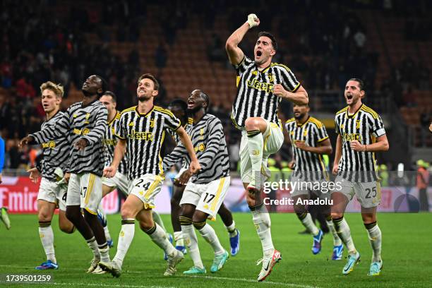 Juventus players celebrate during the Italian Serie A football match AC Milan vs Juventus at San Siro Stadium in Milan, Italy on October 22, 2023