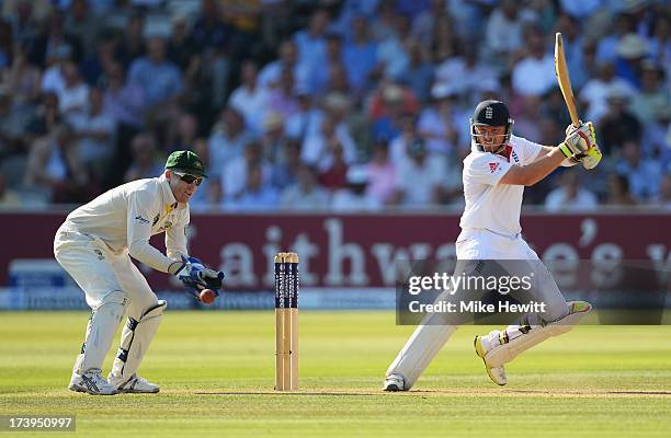 Ian Bell of England hits out past wicketkeeper Brad Haddin of Australia during day one of the 2nd Investec Ashes Test match between England and...