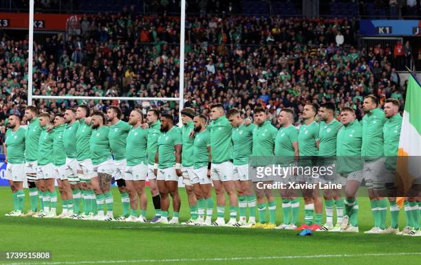 Irish players pose before the Rugby World Cup France 2023 Quarter Final match between Ireland and New Zealand at Stade de France on October 14, 2023...