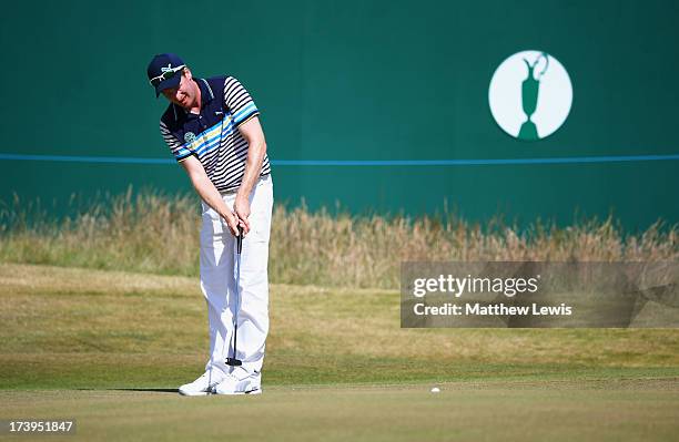 Steven Tiley of England putts on the 18th during the first round of the 142nd Open Championship at Muirfield on July 18, 2013 in Gullane, Scotland.