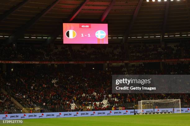 The LED screen inside the stadium displays the score at half time as the the UEFA EURO 2024 European qualifier match between Belgium and Sweden is...