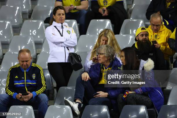 Fans of Sweden react at half time as the the UEFA EURO 2024 European qualifier match between Belgium and Sweden is abandoned at King Baudouin Stadium...