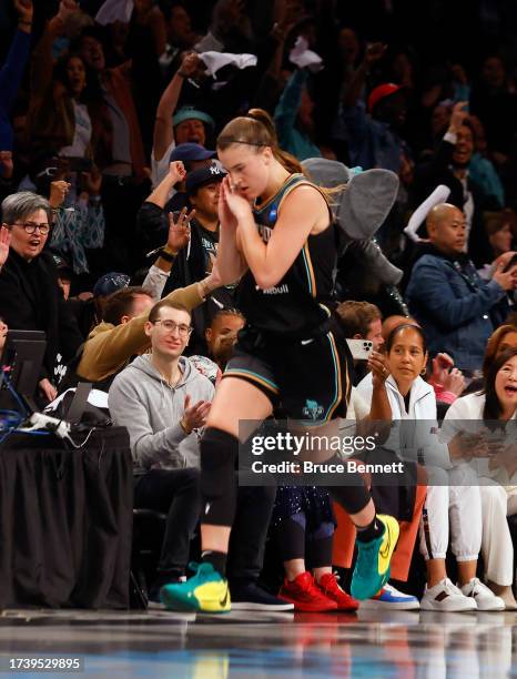 Sabrina Ionescu of the New York Liberty reacts after a basket against the Las Vegas Aces during the fourth quarter in Game Three of the 2023 WNBA...