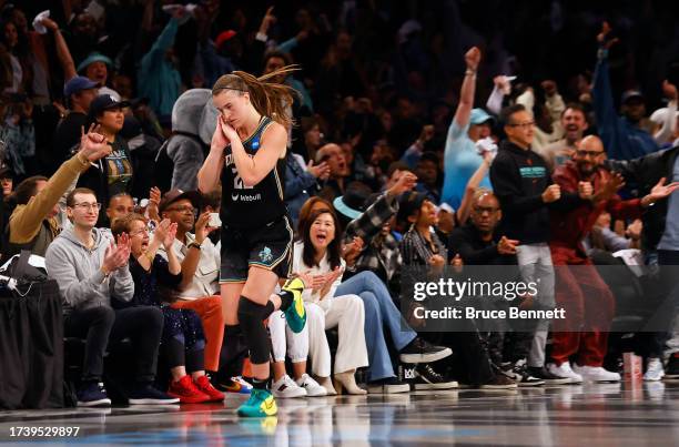 Sabrina Ionescu of the New York Liberty reacts after a basket against the Las Vegas Aces during the fourth quarter in Game Three of the 2023 WNBA...