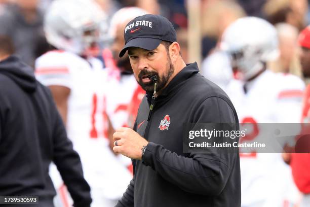 Head coach Ryan Day of the Ohio State Buckeyes looks on during warm ups before the game against the Purdue Boilermakers at Ross-Ade Stadium on...