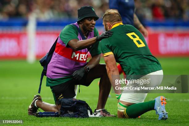 Duane Vermeulen of South Africa gets treatment during the Rugby World Cup France 2023 Quarter Final match between France and South Africa at Stade de...