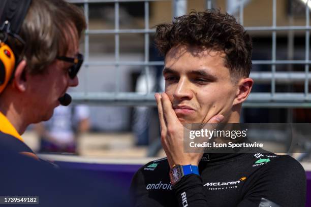 McLaren F1 Team driver Lando Norris of the United Kingdom is interviewed before the Formula 1 Lenovo United States Grand Prix on October 22 at...