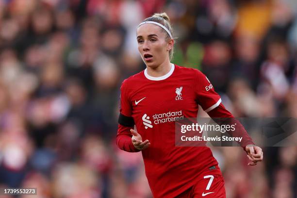 Missy Bo Kearns of Liverpool looks on during the Barclays Women's Super League match between Liverpool FC and Everton FC at Anfield on October 15,...