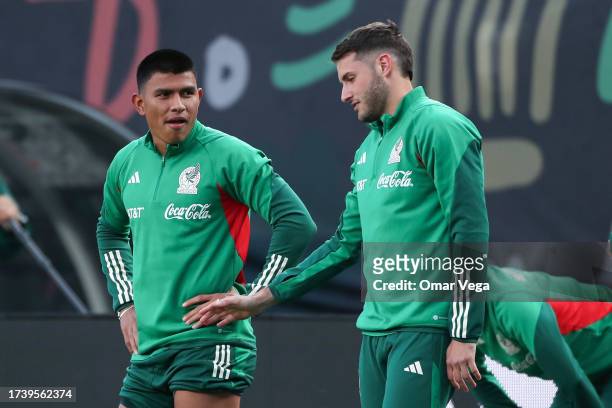 Jesus Gallardo and Santiago Gimenez of Mexico warm up during a training session ahead of the match against Germany at Lincoln Financial Field on...