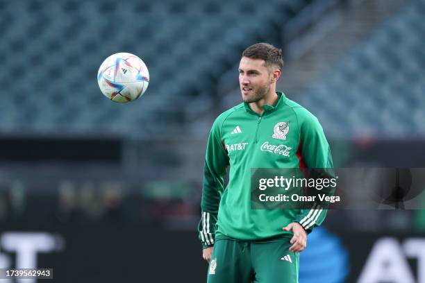 Santiago Gimenez of Mexico warms up during a training session ahead of the match against Germany at Lincoln Financial Field on October 16, 2023 in...