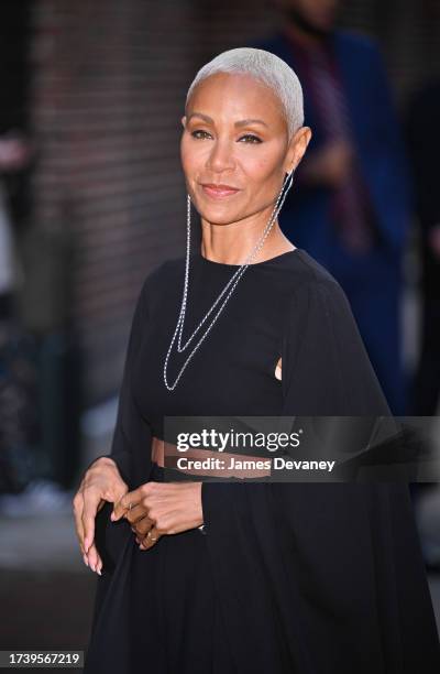 Jada Pinkett Smith arrives at 'The Late Show With Stephen Colbert' at the Ed Sullivan Theater on October 16, 2023 in New York City.