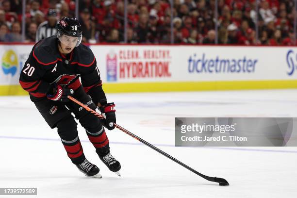 Sebastian Aho of the Carolina Hurricanes skates with the puck during the second period of their game against the Ottawa Senators at PNC Arena on...