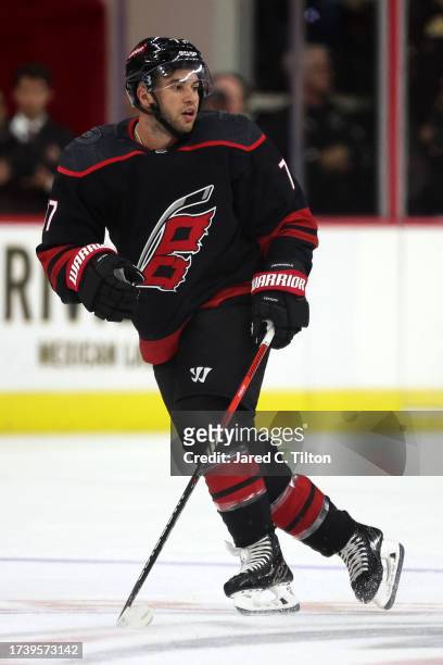 Tony DeAngelo of the Carolina Hurricanes skates without the puck during the second period of their game against the Ottawa Senators at PNC Arena on...