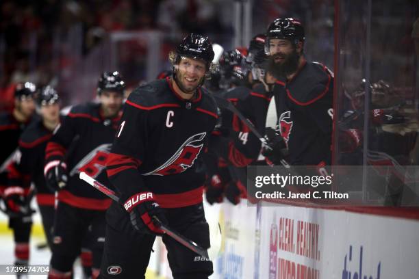 Jordan Staal of the Carolina Hurricanes reacts with his teammates after scoring a goal during the third period of their game against the Ottawa...