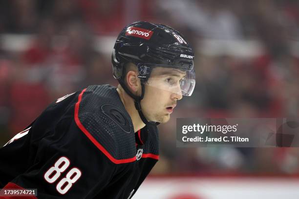 Martin Necas of the Carolina Hurricanes looks on during the third period of their game against the Ottawa Senators at PNC Arena on October 11, 2023...