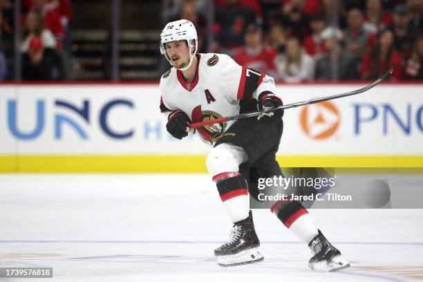 Thomas Chabot of the Ottawa Senators skates without the puck during the third period of their game against the Carolina Hurricanes at PNC Arena on...